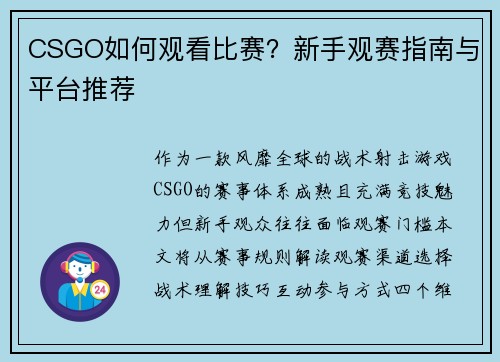 CSGO如何观看比赛？新手观赛指南与平台推荐