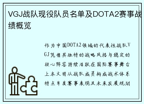 VGJ战队现役队员名单及DOTA2赛事战绩概览